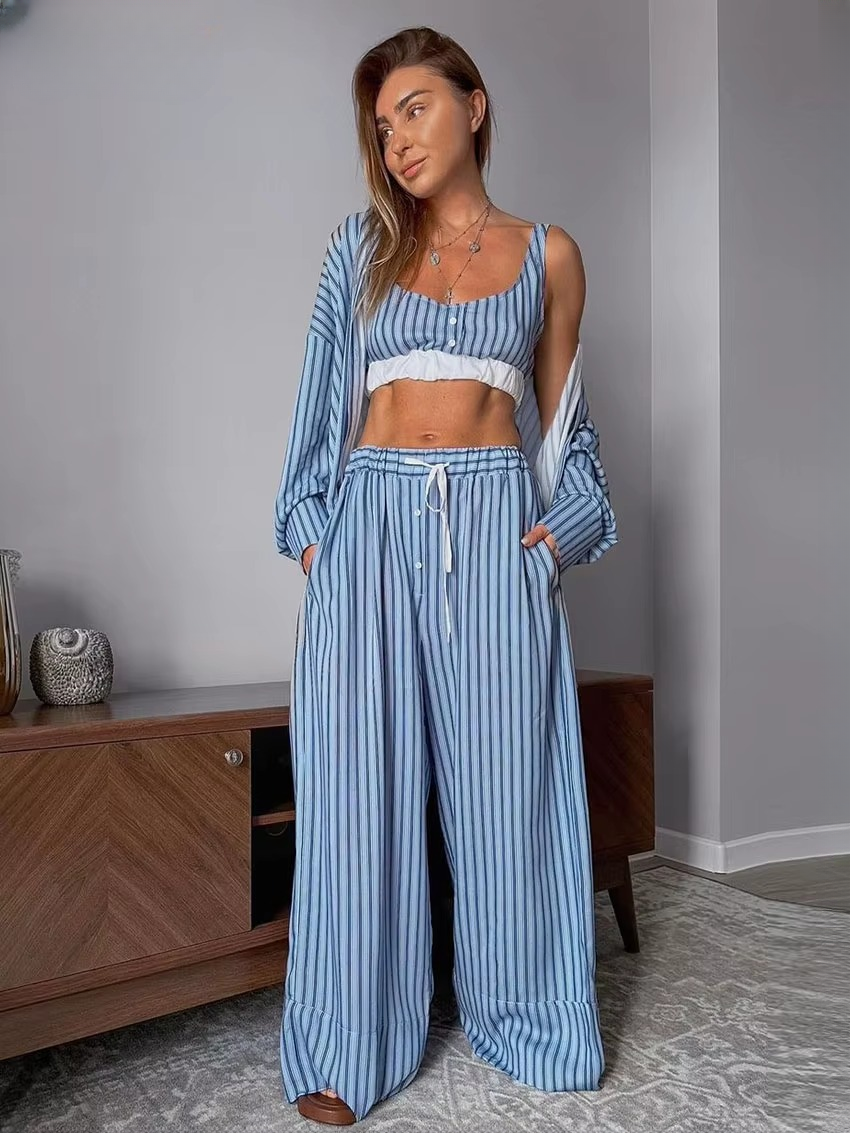 Elegant Long Sleeve Shirt + Crop Top With High Waist Wide Pants 3 Pieces Set