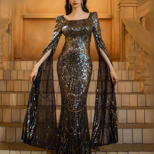 Luxury Square Neck Extend Sleeves Sequin Mermaid Formal Dresses