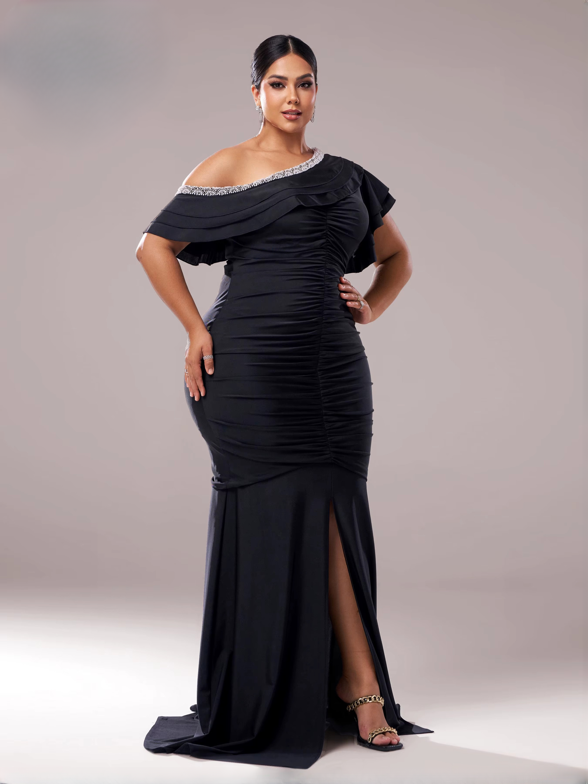 Elegant Plus Size One Shoulder Ruched Split High Quality Graduation Dress