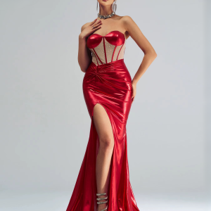 Luxury Strapless Ruched Cocktail Split Graduation Evening Gown