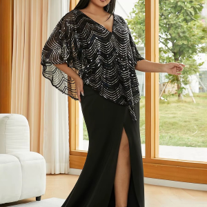 Elegant Plus Size Chic V Neck Sequin Batwing Sleeve Split Dress
