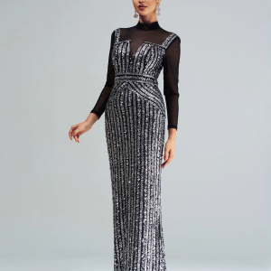 Mermaid Church Round Neck Long Sleeved Sequin Striped Maxi Dress