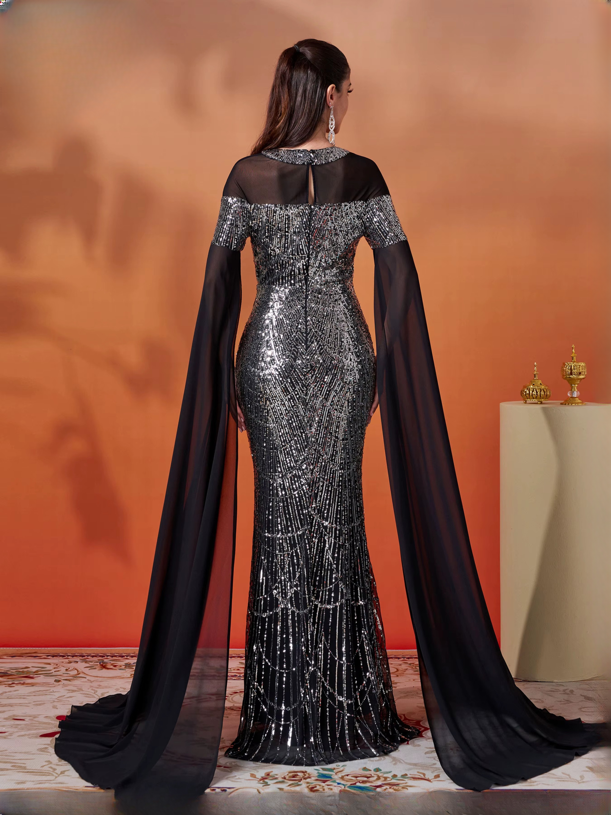 Mermaid Round Neck Extend Sleeves Sequin Gown Cocktail Ball Floor Length Dresses - Image 6