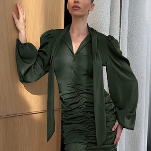 Elegant Bow Collar Long Sleeve High Waist Ruched Bodycon Mini Dresses