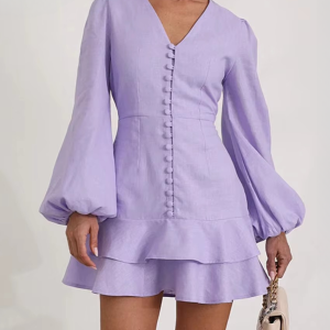 Casual Slim Cotton V-Neck Long Sleeve Classic Pleated Mini Dresses