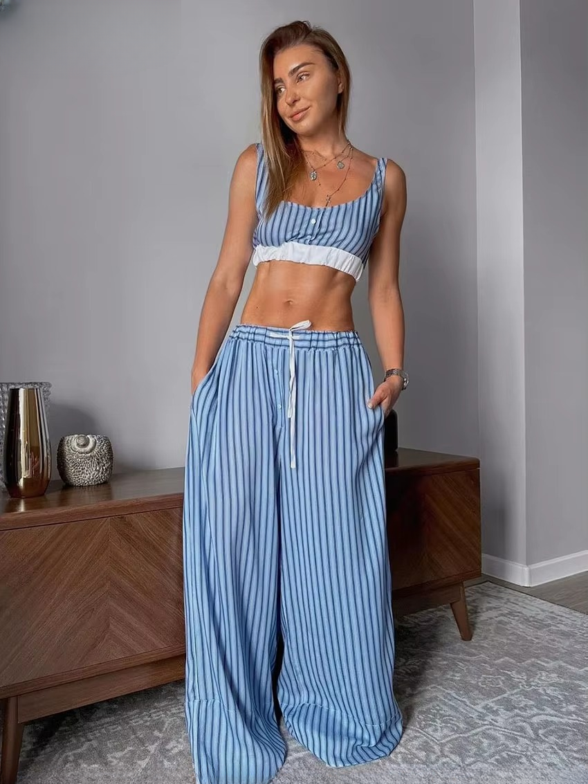 Elegant Long Sleeve Shirt + Crop Top With High Waist Wide Pants 3 Pieces Set - Image 2