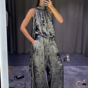 Casual Sleeveless Tank Top With High Waist Wide Pants Two Piece Sets