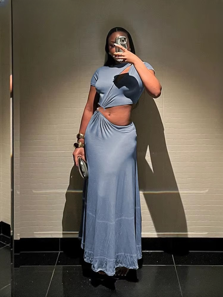 Classic Solid Chic Waistless Hollow Short Sleeve O-neck Simple Long Maxi Dress - Image 5