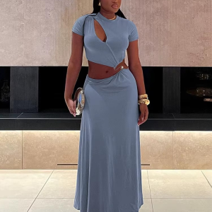 Classic Solid Chic Waistless Hollow Short Sleeve O-neck Simple Long Maxi Dress