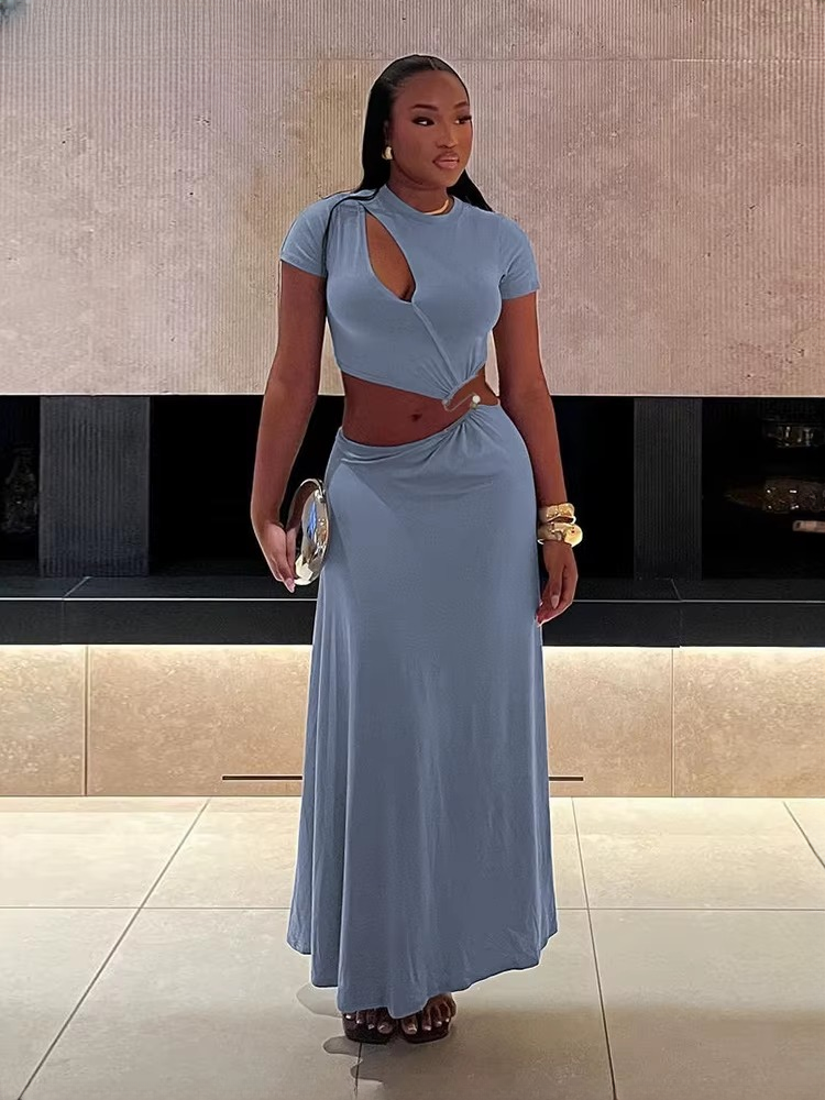 Classic Solid Chic Waistless Hollow Short Sleeve O-neck Simple Long Maxi Dress