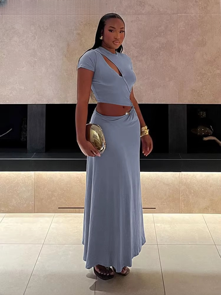 Classic Solid Chic Waistless Hollow Short Sleeve O-neck Simple Long Maxi Dress - Image 2