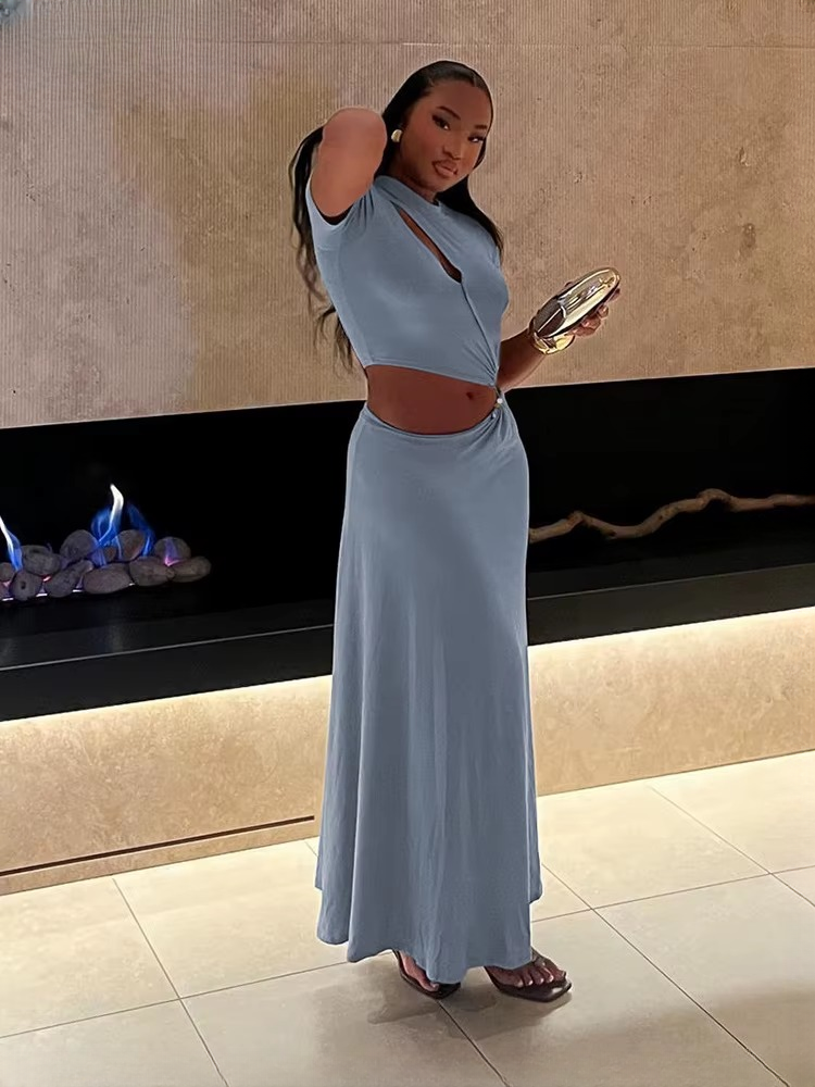 Classic Solid Chic Waistless Hollow Short Sleeve O-neck Simple Long Maxi Dress - Image 4