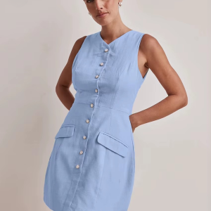 Elegant Bodycon V-Neck Sleeveless Classic Pockets Mini Dresses