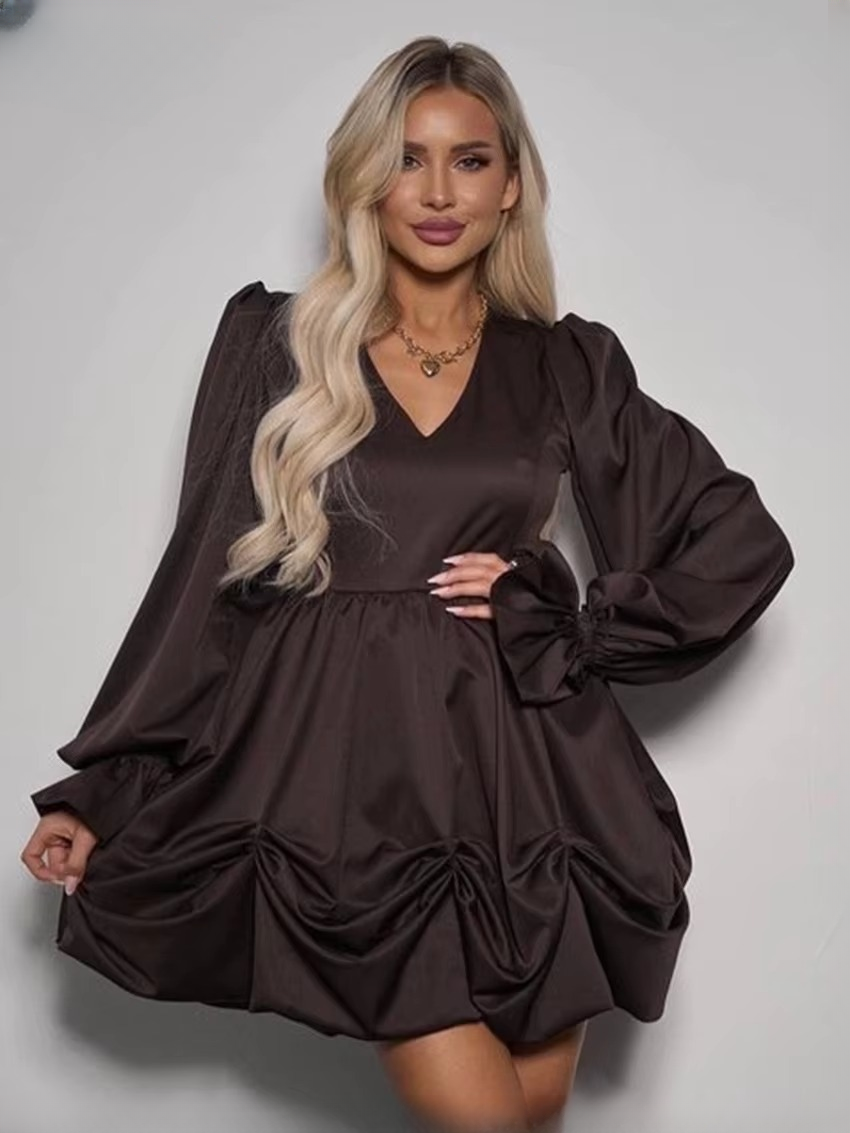 Casual V-Neck Pullover High Waist Pleated Long Sleeve Mini Dresses - Image 3