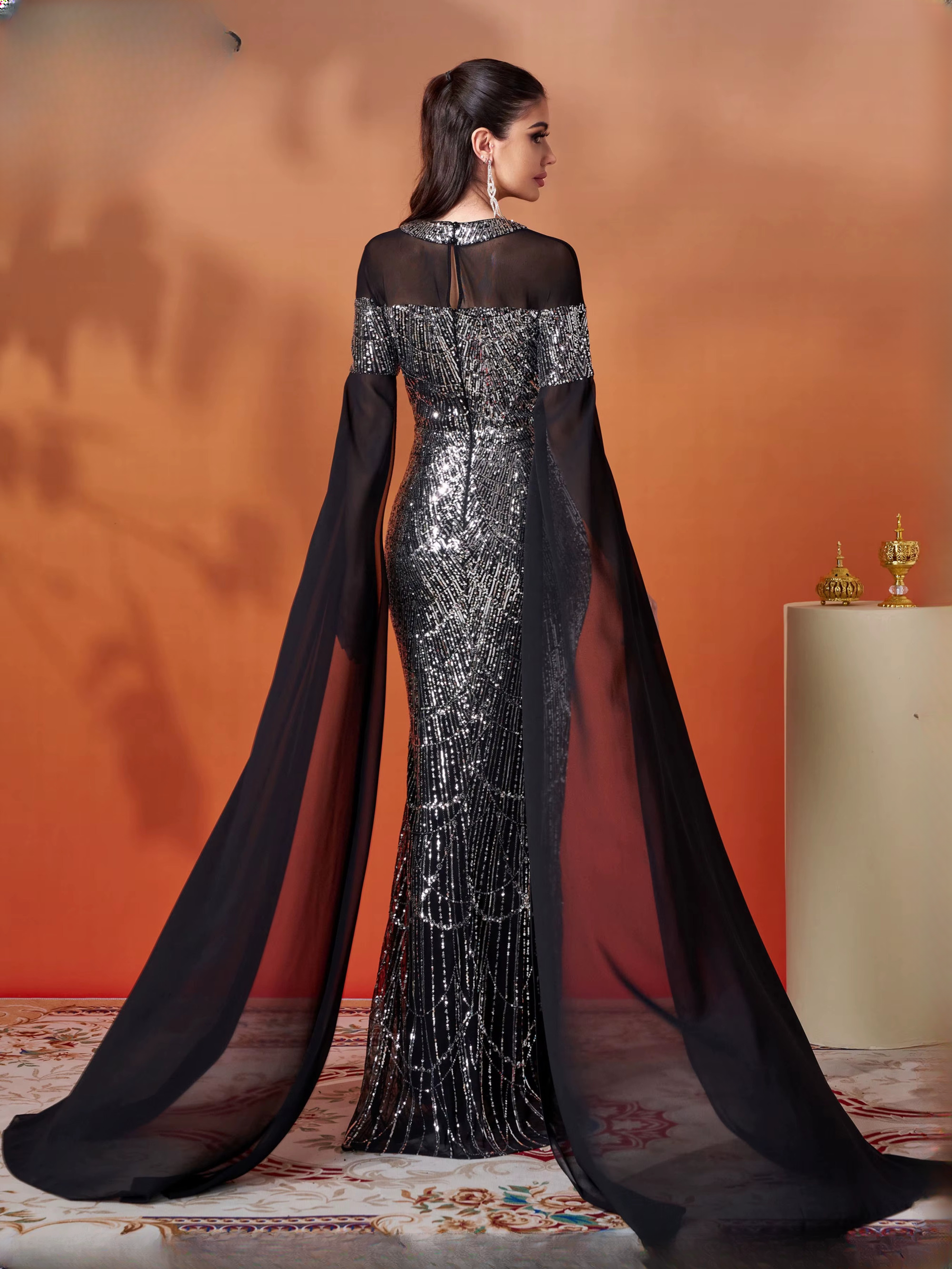 Mermaid Round Neck Extend Sleeves Sequin Gown Cocktail Ball Floor Length Dresses - Image 5
