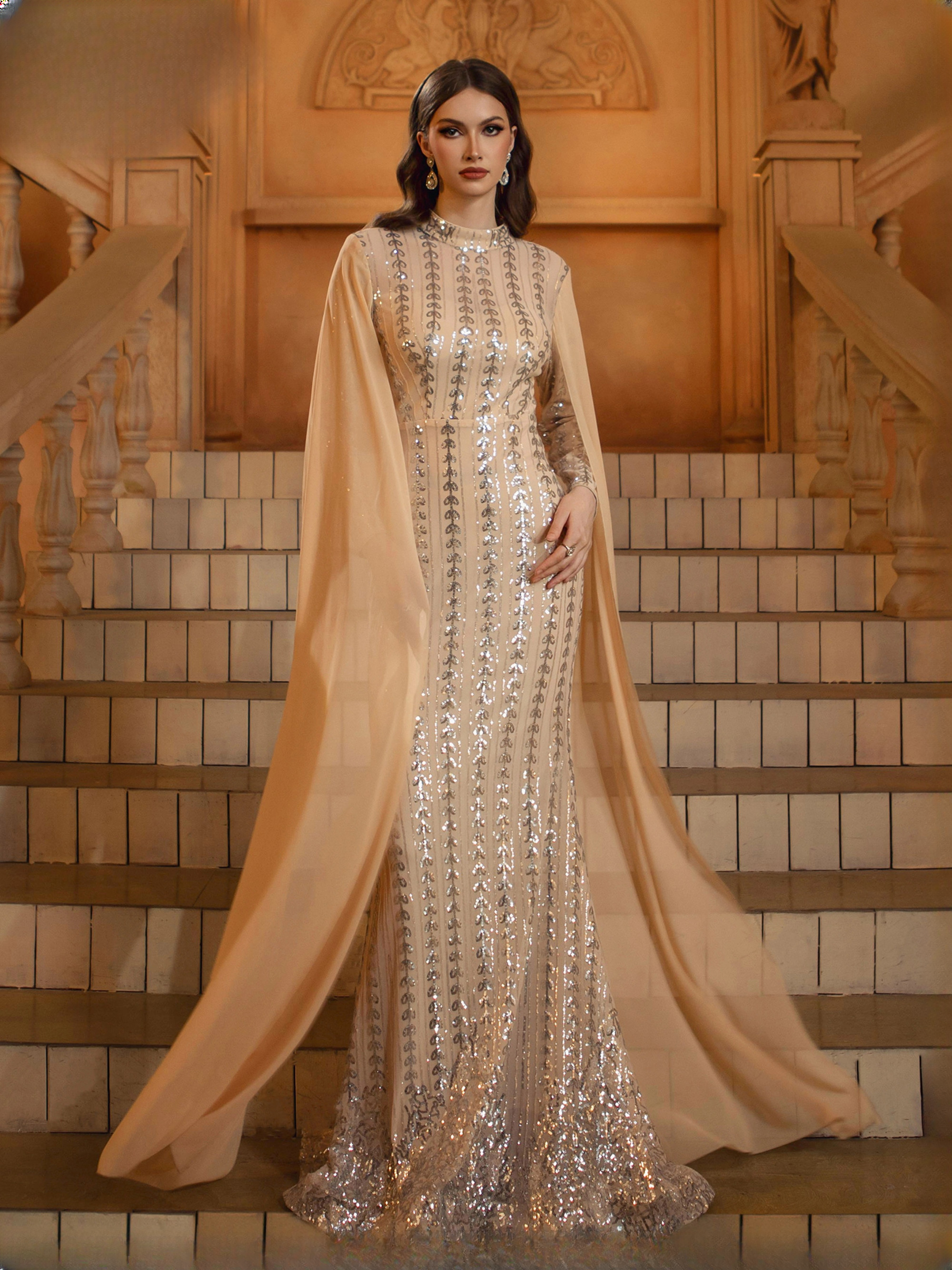 Luxury Round Neck Extend Sleeves Church Sequin Cocktail Evening MaxiDress - Image 6