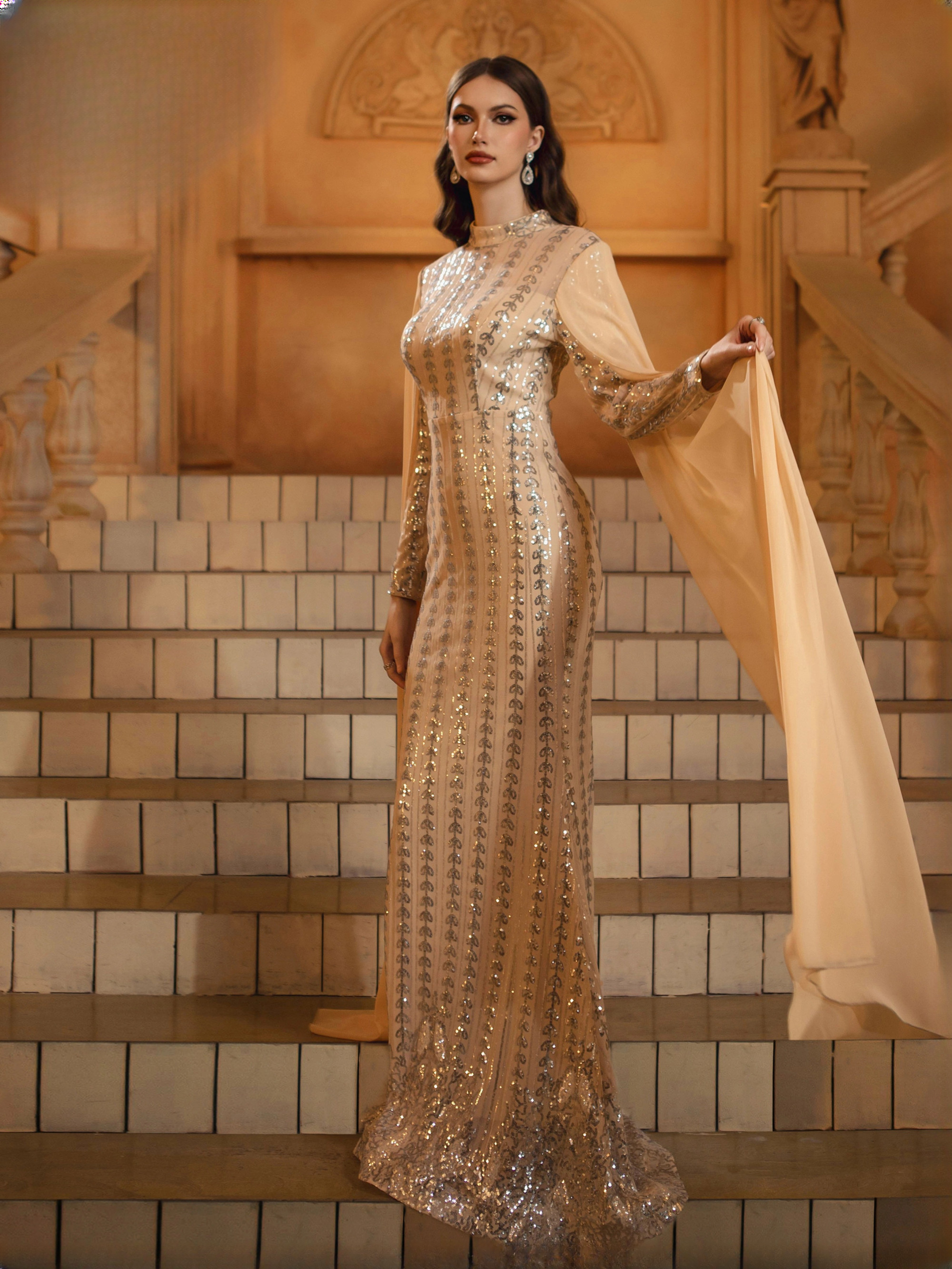 Luxury Round Neck Extend Sleeves Church Sequin Cocktail Evening MaxiDress - Image 4