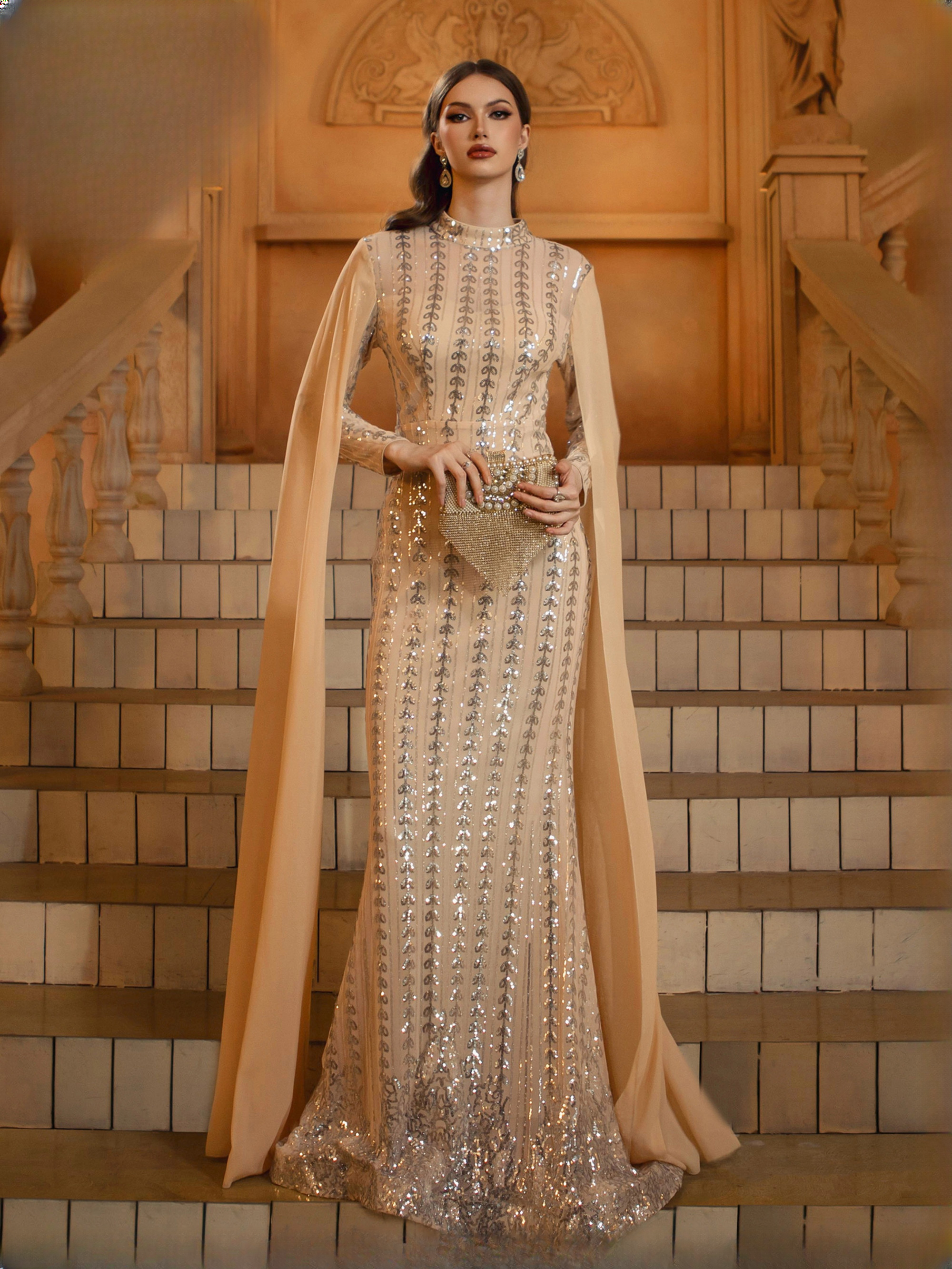 Luxury Round Neck Extend Sleeves Church Sequin Cocktail Evening MaxiDress - Image 3