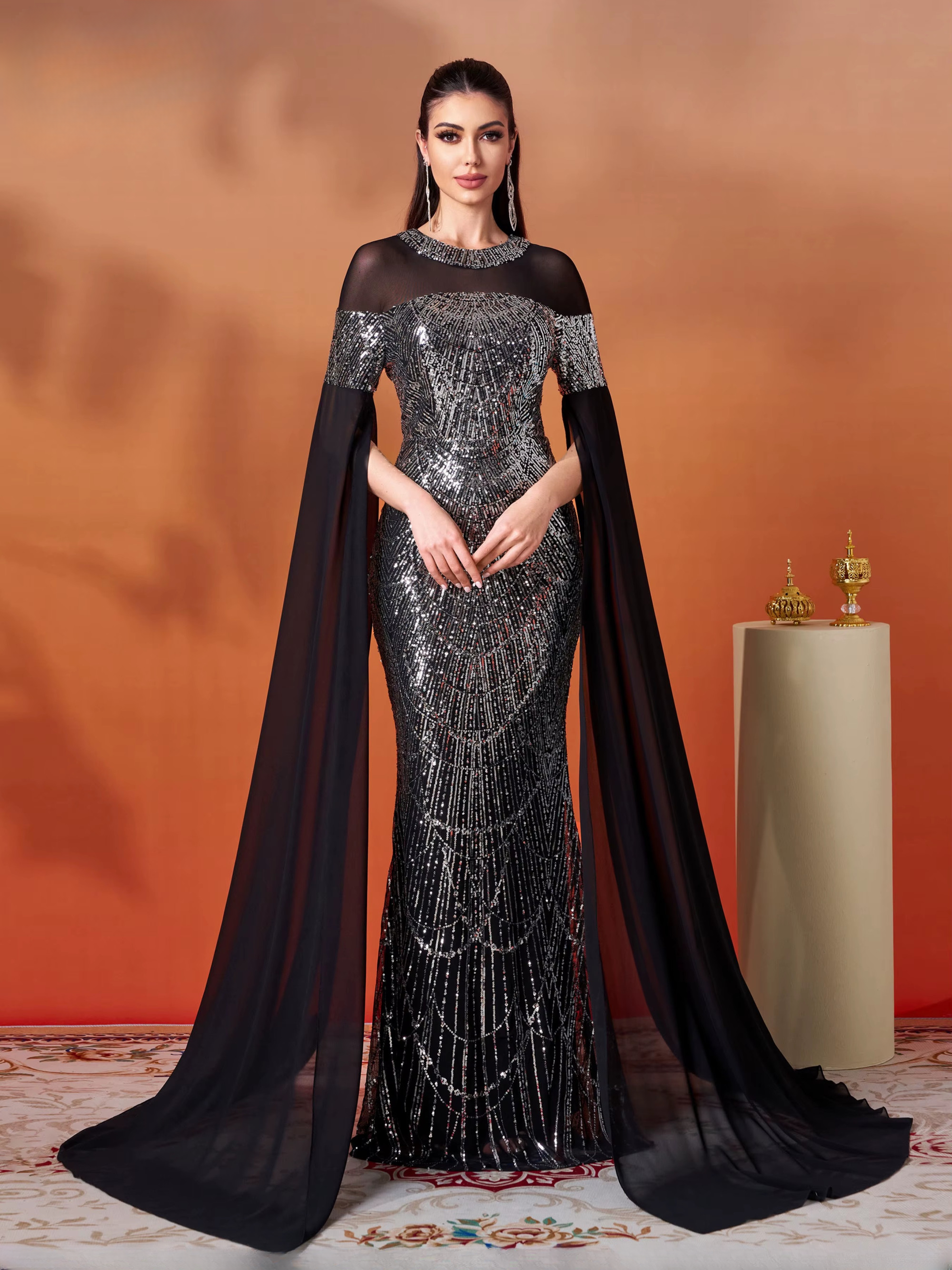 Mermaid Round Neck Extend Sleeves Sequin Gown Cocktail Ball Floor Length Dresses - Image 2