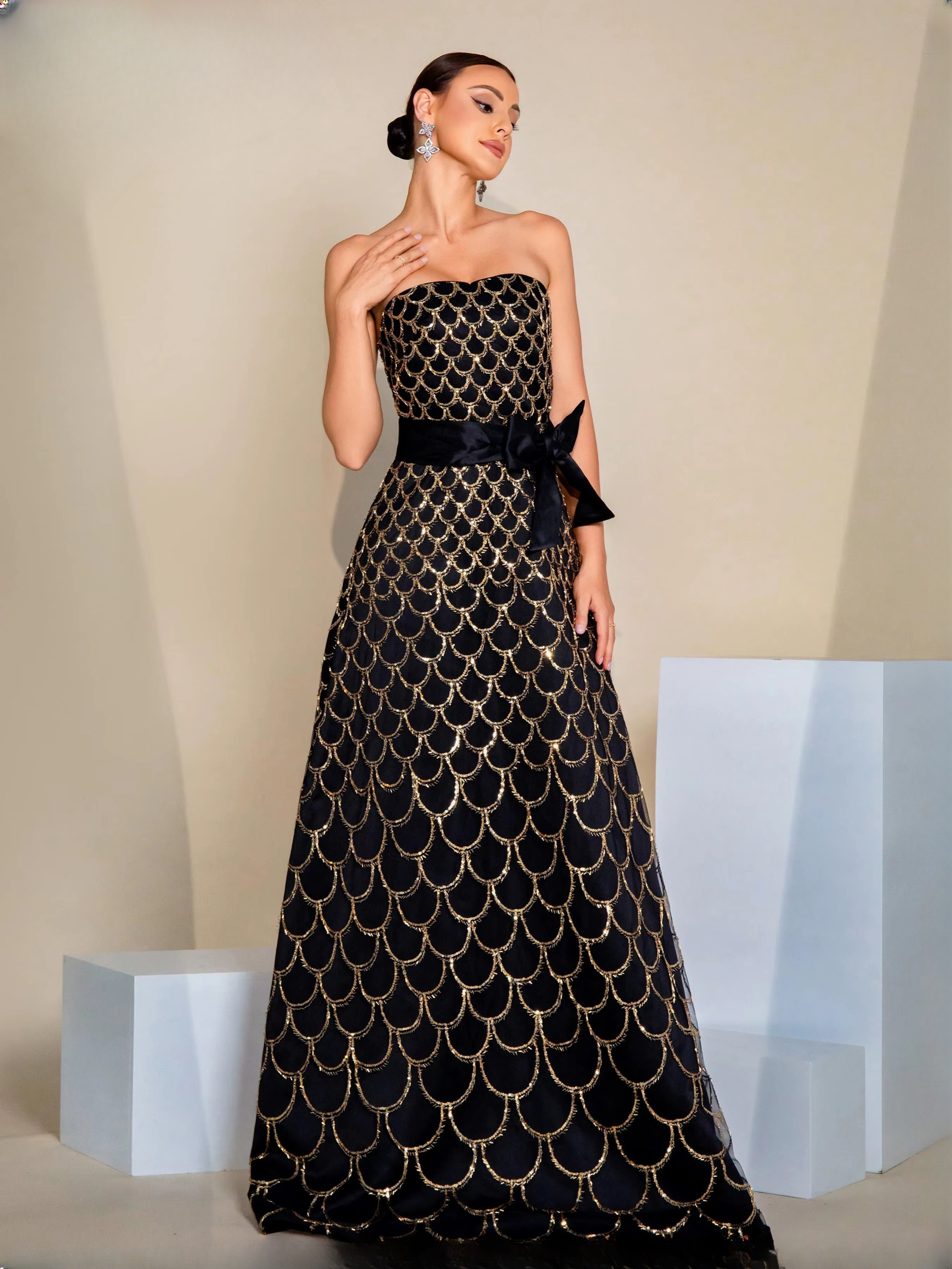 Elegant Strapless Sequin A Line Cocktail Evening Formal Maxi Dress - Image 3