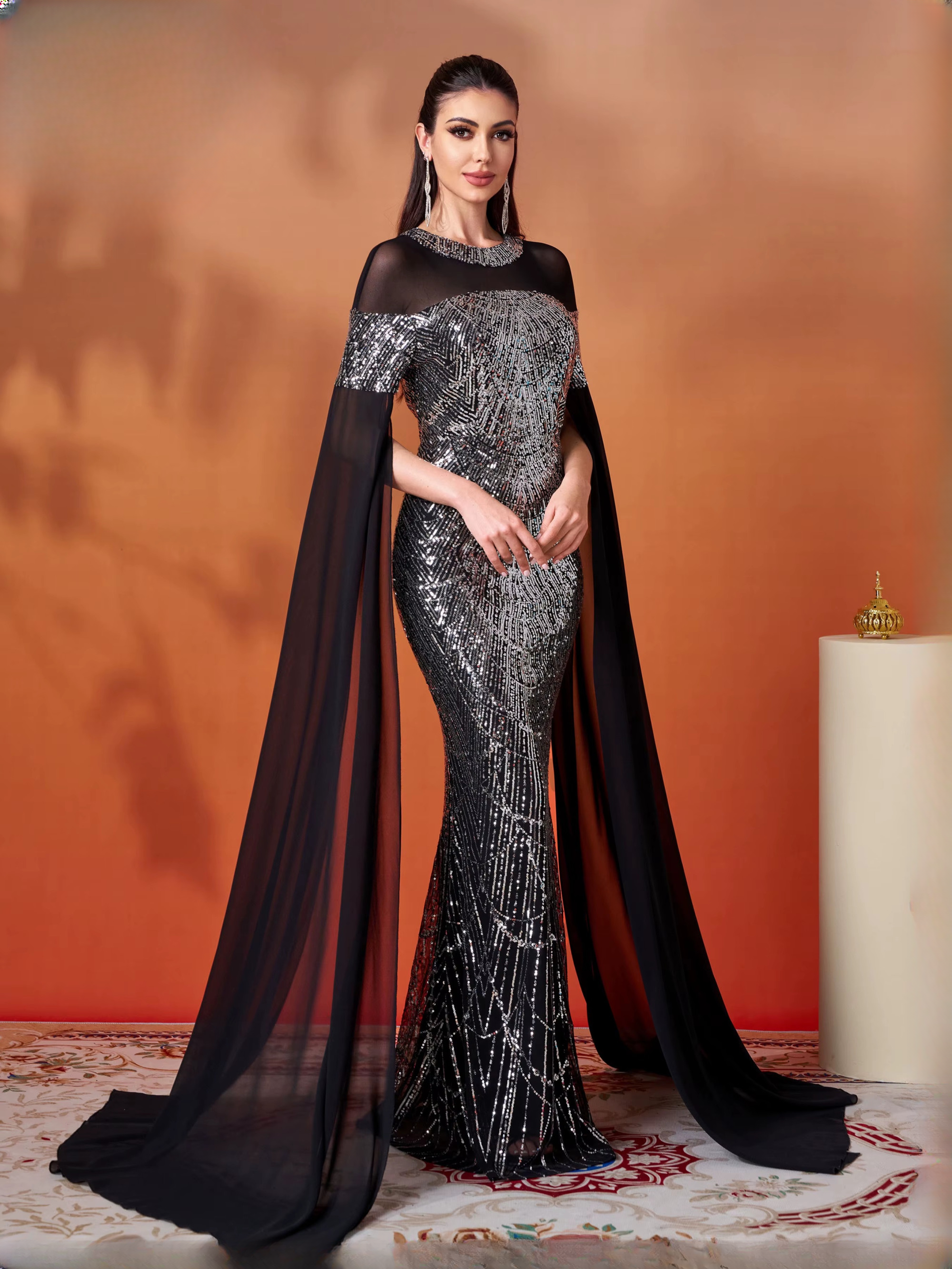 Mermaid Round Neck Extend Sleeves Sequin Gown Cocktail Ball Floor Length Dresses - Image 3