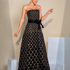 Elegant Strapless Sequin A Line Cocktail Evening Formal Maxi Dress
