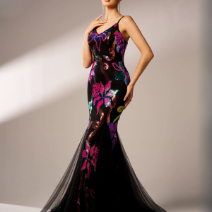 Luxury V Neck Sequin Spaghetti Strap Floral Mermaid Floor Length Dress