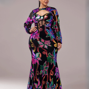Casual Plus Size Floral Round Neck Long Sleeved Sequin Maxi Dresses