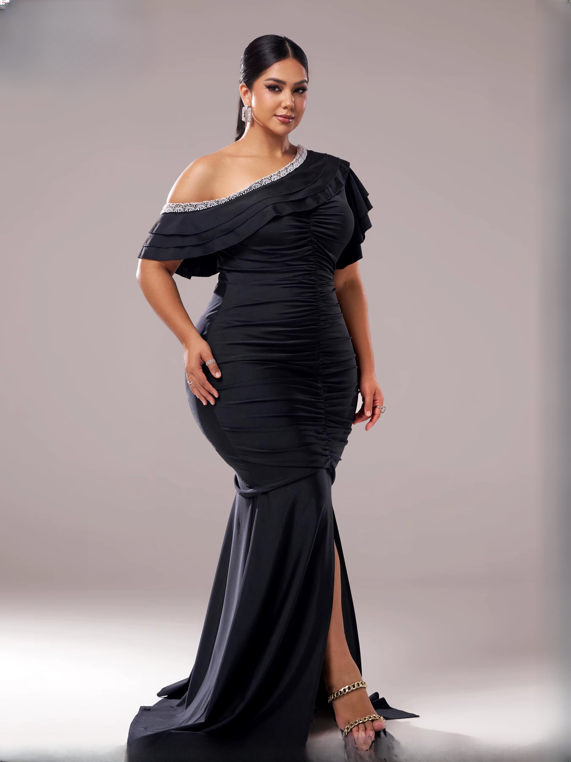 Elegant Plus Size One Shoulder Ruched Split High Quality Graduation Dress - Image 2