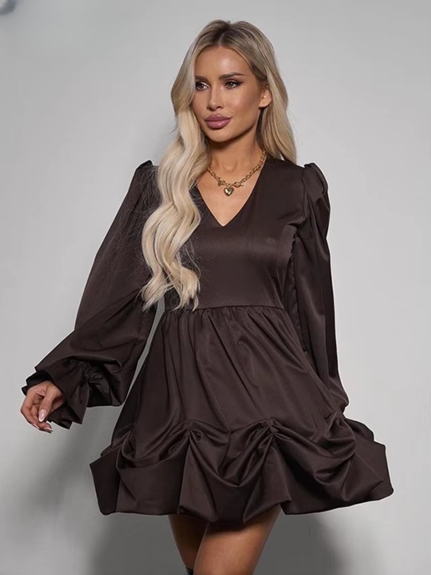 Casual V-Neck Pullover High Waist Pleated Long Sleeve Mini Dresses - Image 4