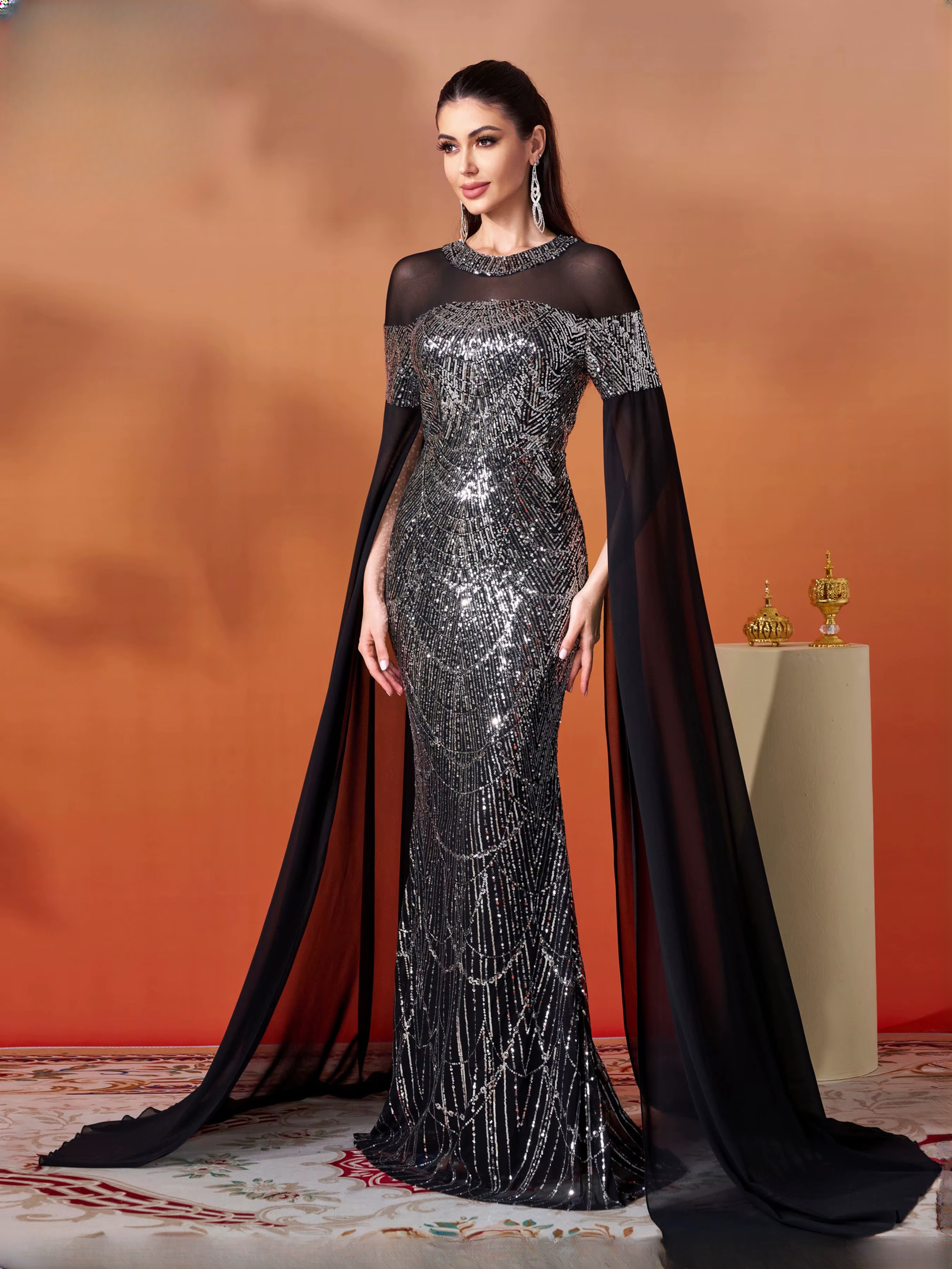 Mermaid Round Neck Extend Sleeves Sequin Gown Cocktail Ball Floor Length Dresses - Image 4