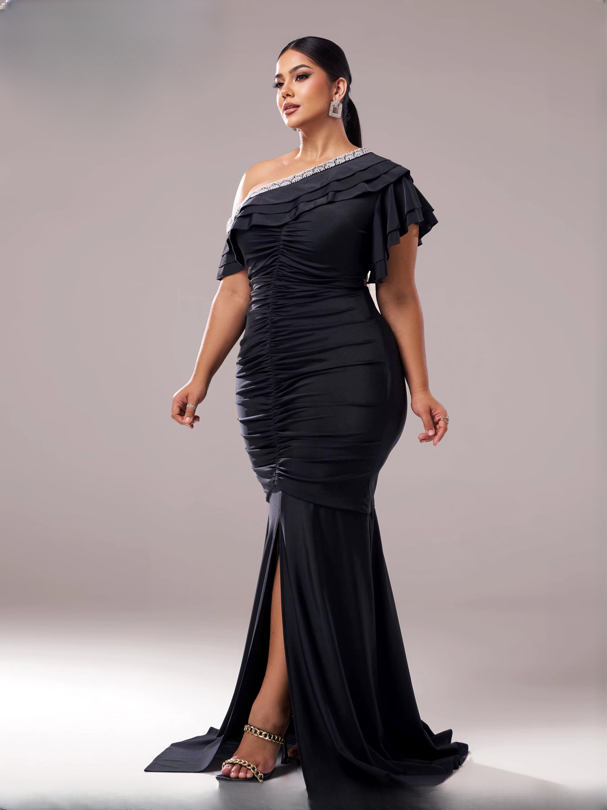 Elegant Plus Size One Shoulder Ruched Split High Quality Graduation Dress - Image 4