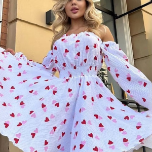 Elegant Loose Love Cotton Slash Neck Long Sleeve Mini Dresses