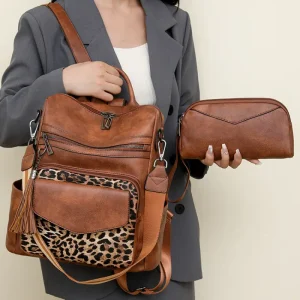 Vintage Leopard Print Block Design with Tassel Stain-Resistant Leather Backpack