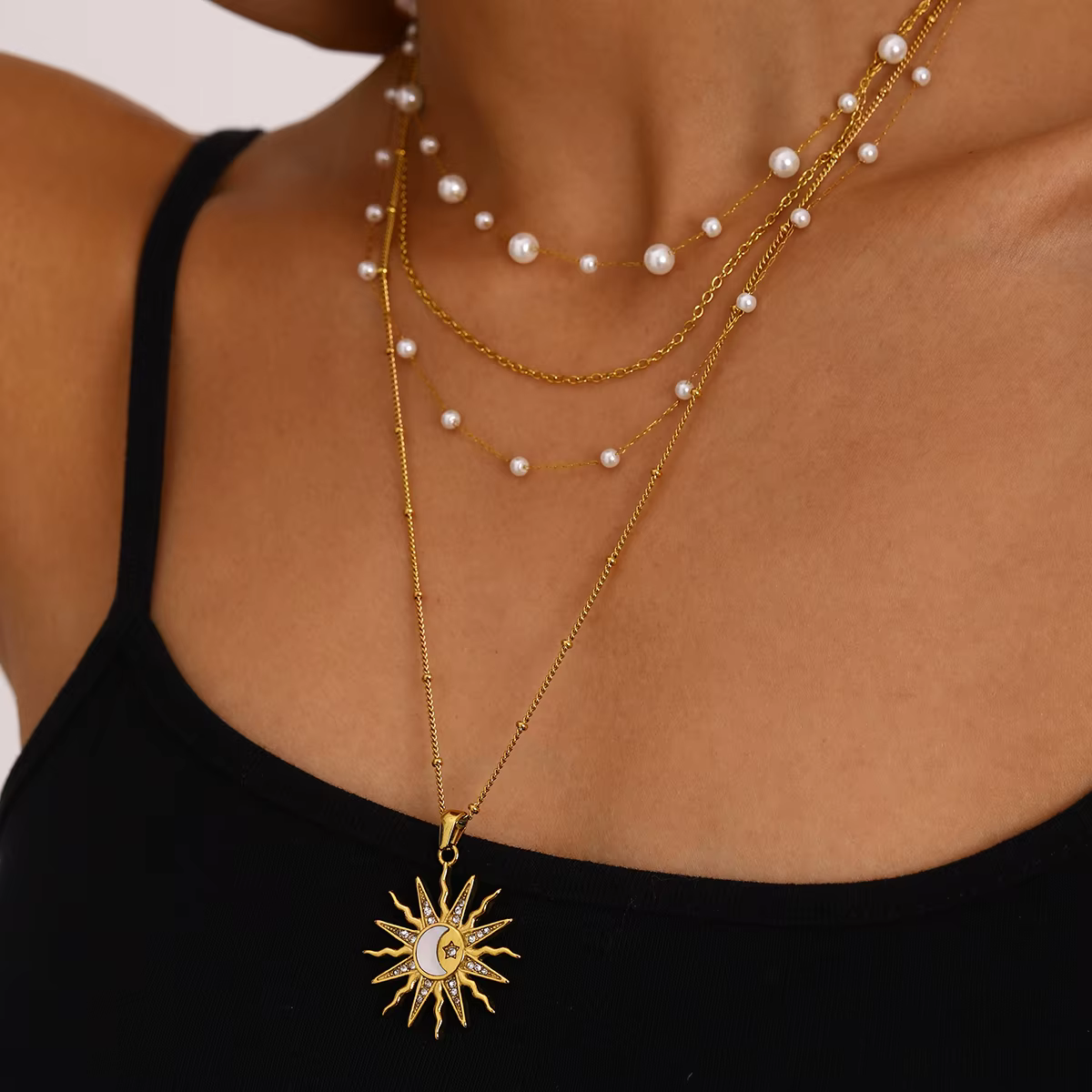 Imitation Pearl Three-layer 18K PVD Plated Anti Allergic Rust Proof Stylish Necklace