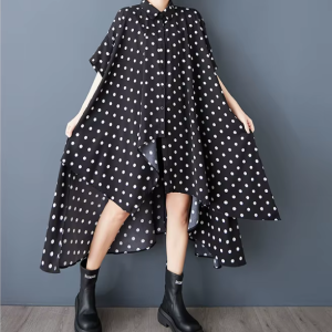 Casual Short Sleeve Loose plus Size Dot Print irregular Shirt Midi Dress