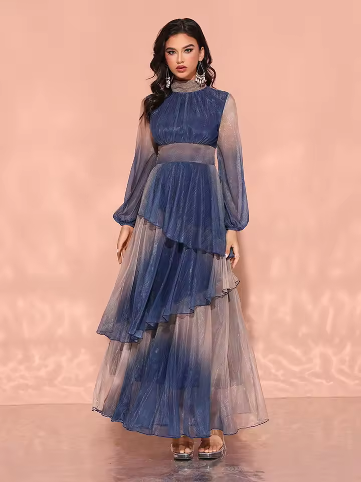 Luxury Stand Collar Lantern Sleeves And Ruffle Gradient Fabric Dress