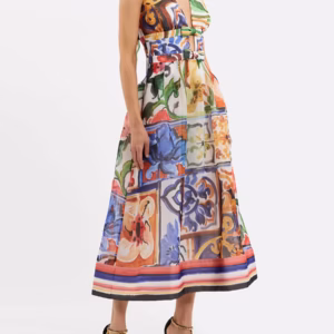 Chic Color Block V-Neck Spliced Bowknots High Waist Printed Bohemia Hollow Midi Dress