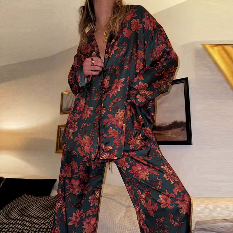 Floral Print Single Breasted Loose Lapel Shirts And Long Pant Two Piece Set - Image 3