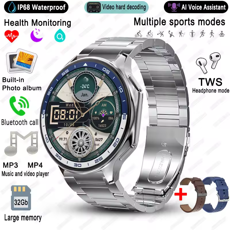 3D Surround Stainless Steel 4GB Large Memory IP68 Smartwatch
