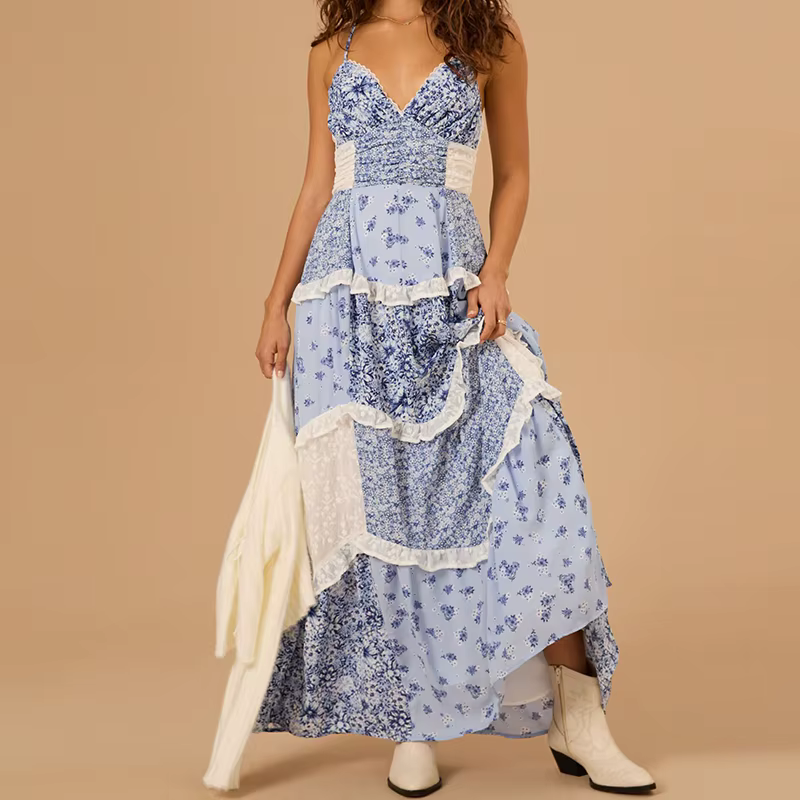 Floral Spaghetti Strap V-Neck Low Cut Ruffle Beach Style Flowy Maxi Dress