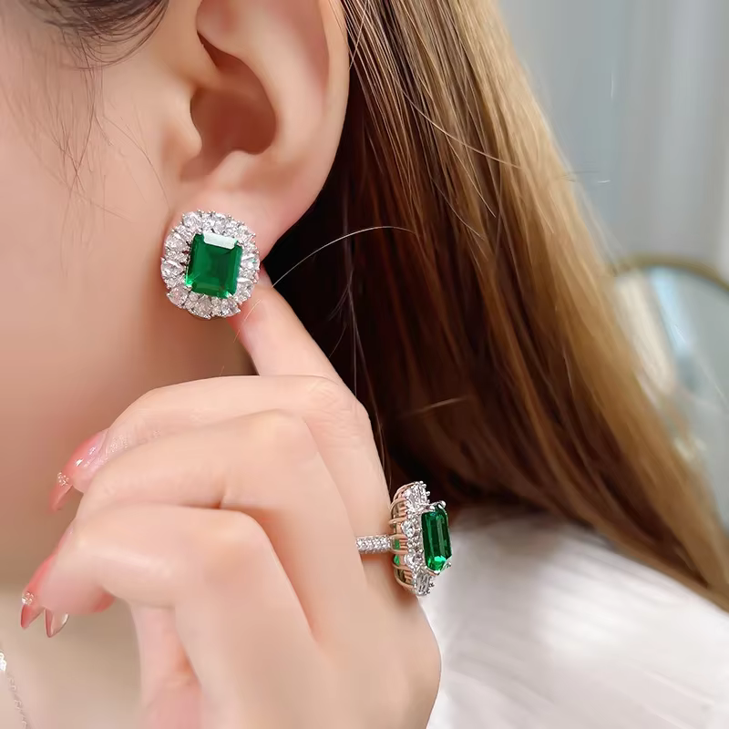 925 Sterling Silver Emerald Cut Zircon High Carbon Diamond Earrings