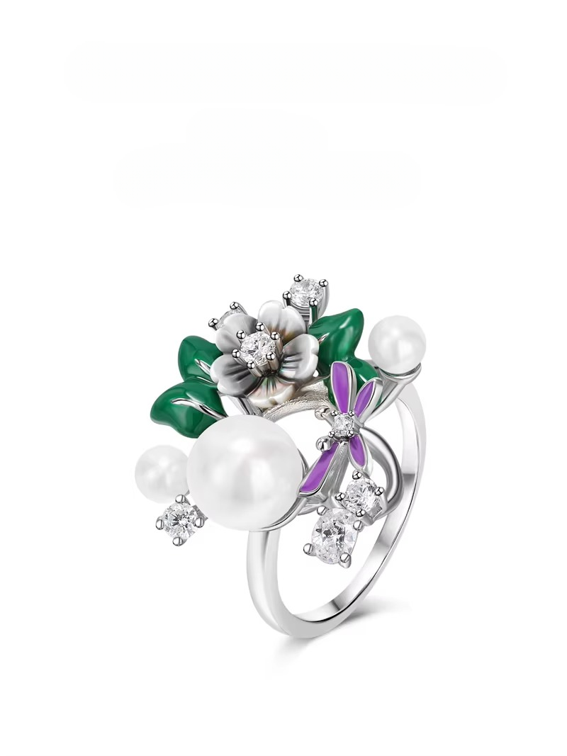 925 Sterling Silver High Quality Zircon Shell Pearl Natural Shell Flower Rings - Image 4