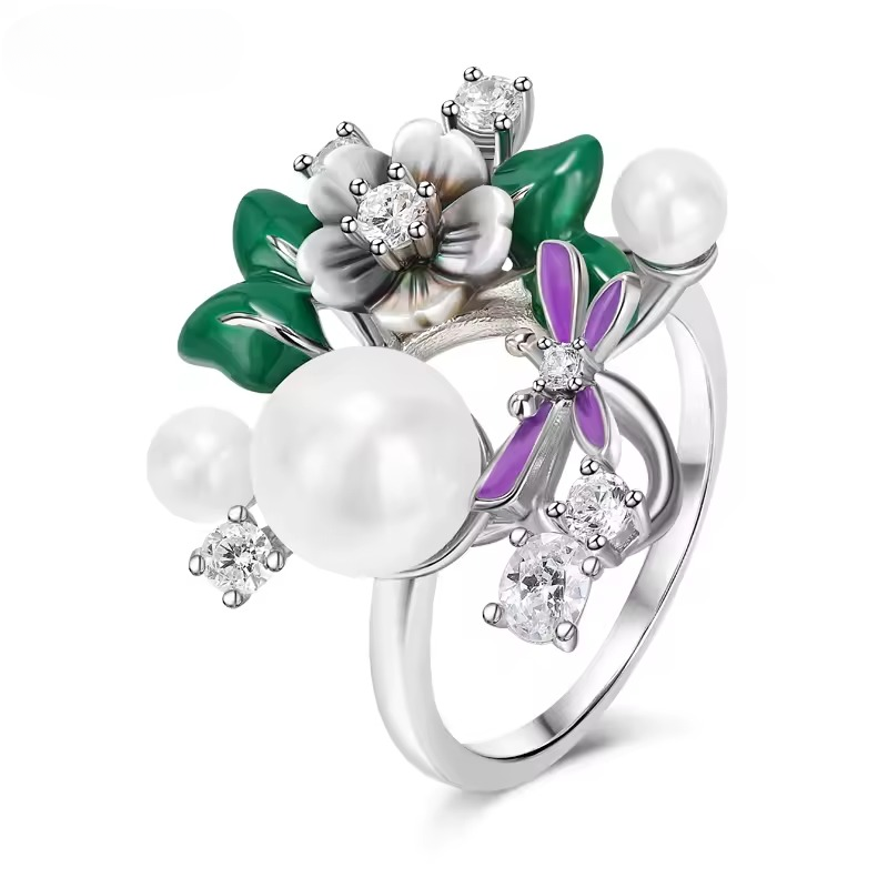 925 Sterling Silver High Quality Zircon Shell Pearl Natural Shell Flower Rings - Image 2