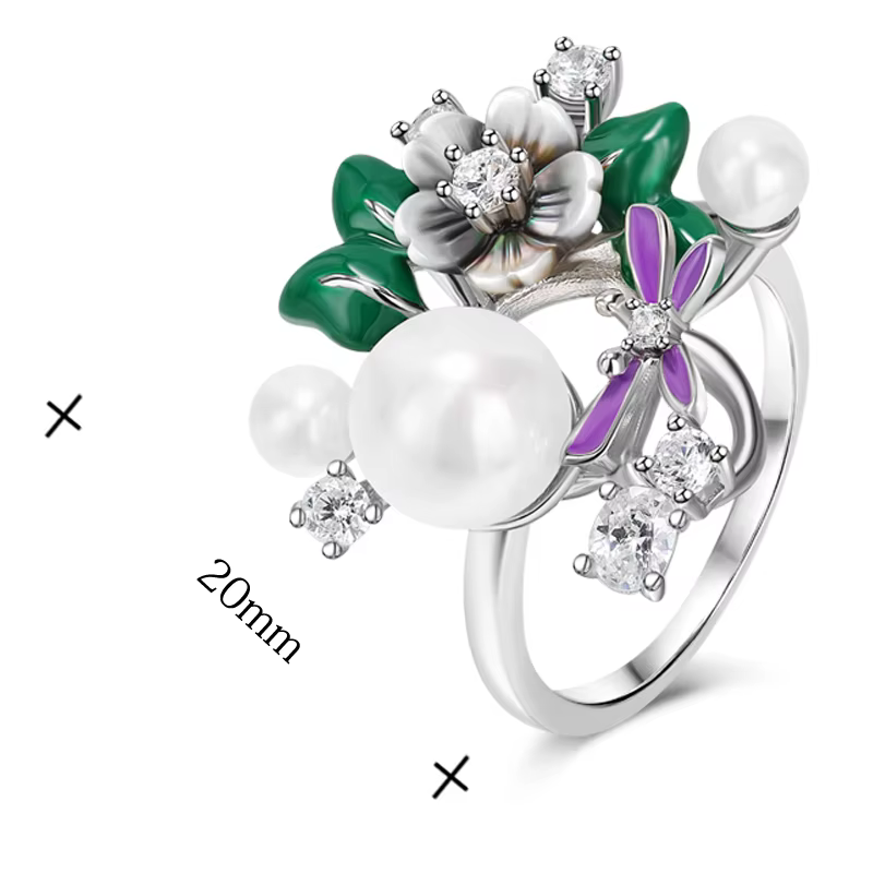 925 Sterling Silver High Quality Zircon Shell Pearl Natural Shell Flower Rings - Image 3