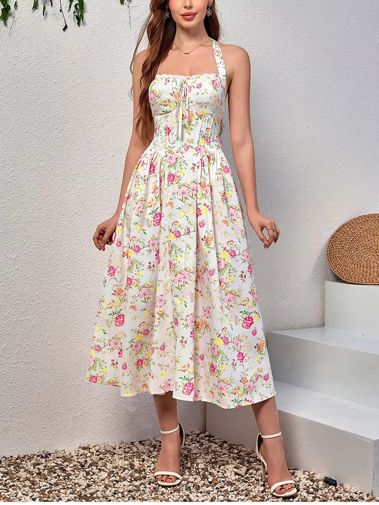 Elegant Spaghetti Straps Tie Up Halter Backless Print Floral Midi Corset Dress - Image 3