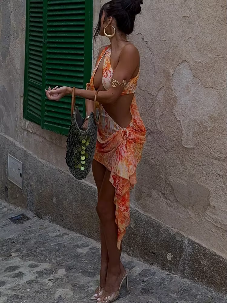 Asymmetrical Slash Neck Tassel Appliques Tie Dye Hollow Bodycon Mini Dress - Image 6