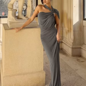 Asymmetrical Unique Metal Splice Incline Shoulder Skinny Long Robe Maxi Dress