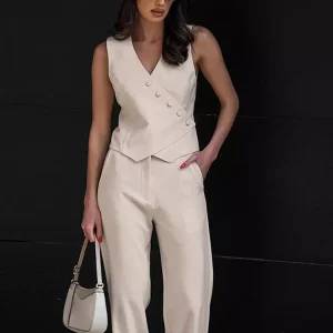 Asymmetrical V-neck Buttons Sleeveless Top And Straight Pants Two Piece Set