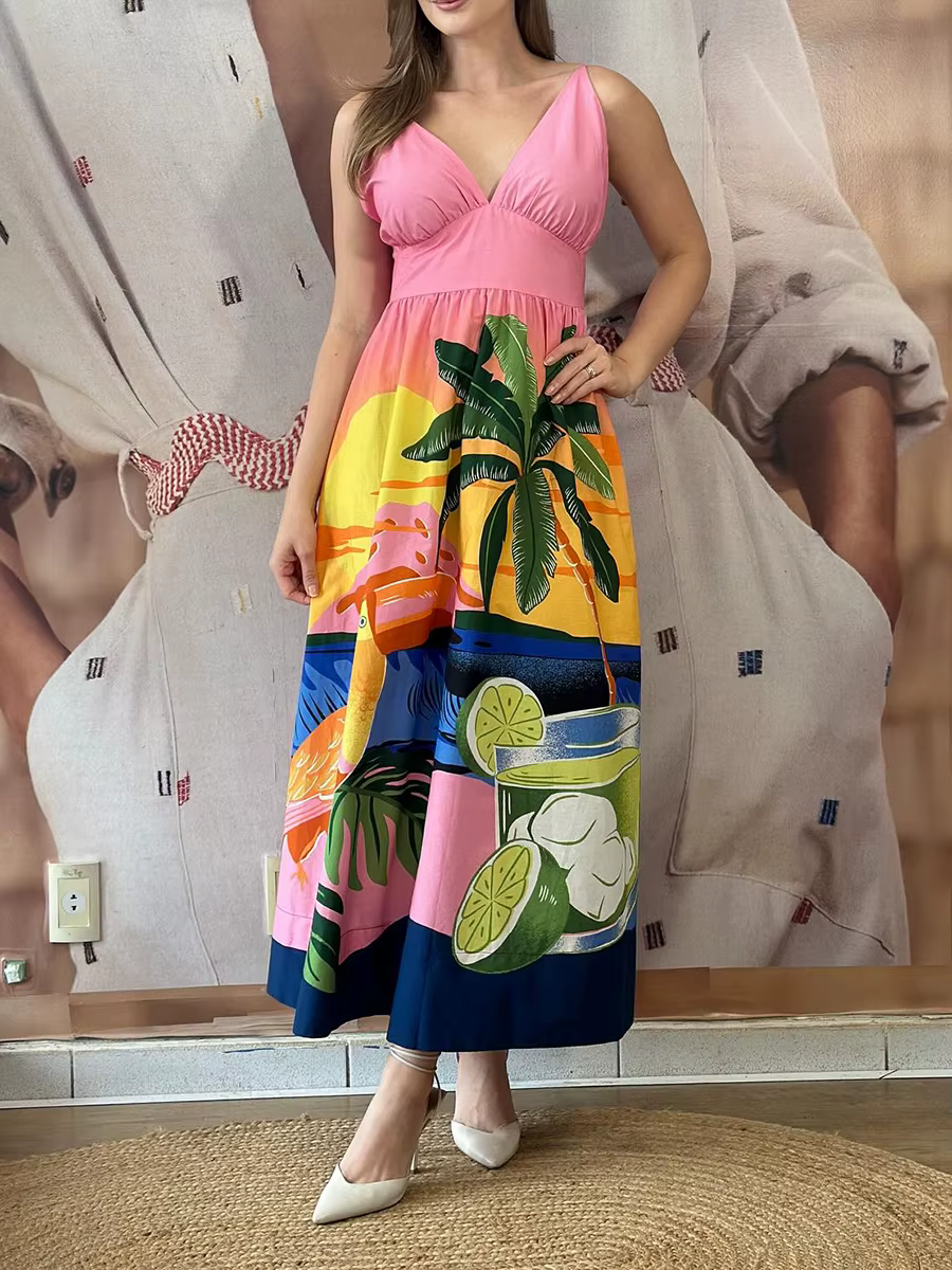 Beach Style Printed V-Neck Sleeveless Patchwork Elastic High Waist Maxi Dress
